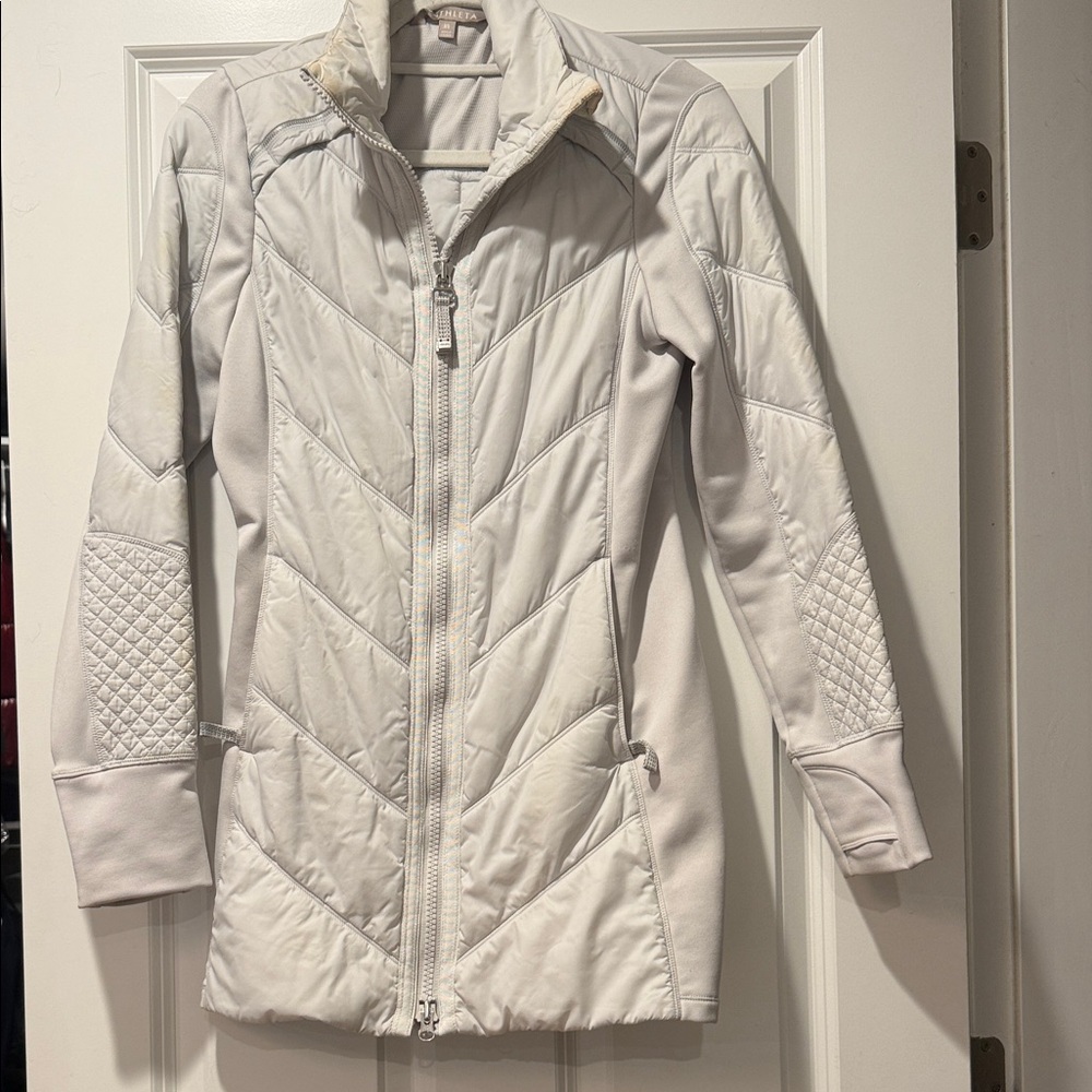 Athleta Light Gray Quilted Hybrid Long Zip Jacket - Women